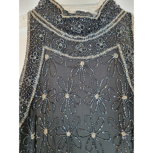 Adrianna Papell Womens Flower Silk Beaded Top Size Large Black Evening Formal - Picture 2 of 10